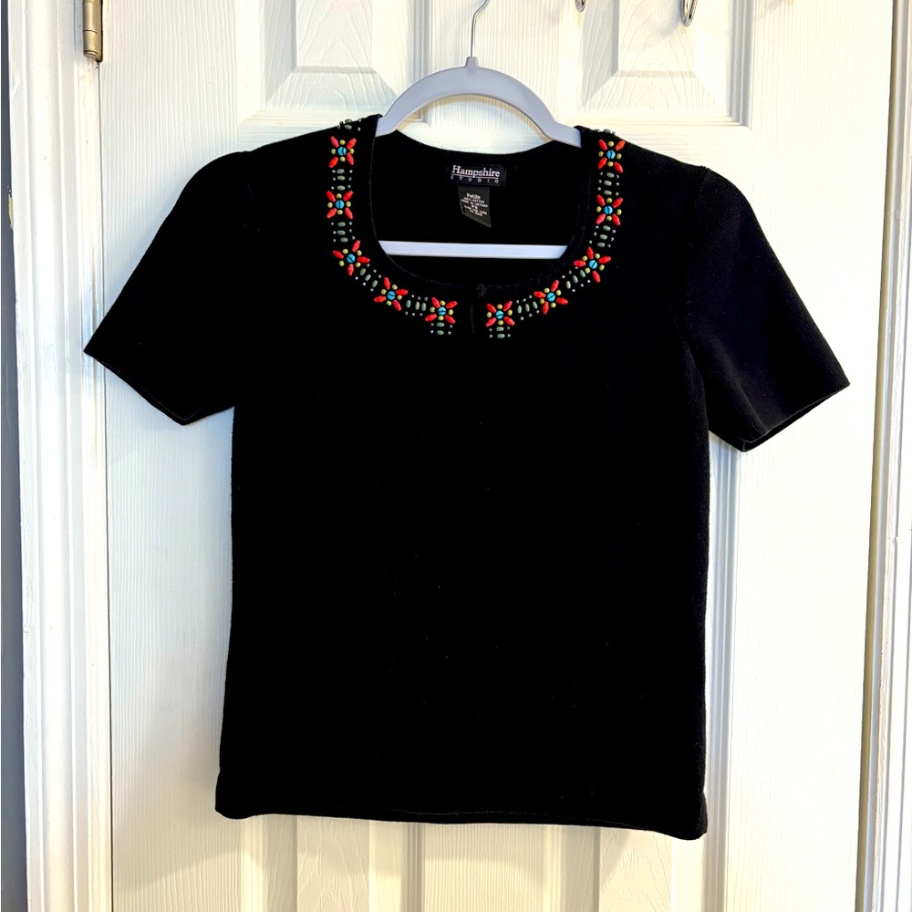 Vintage Hampshire Studio 100% Cotton Petite Beaded Collar Ladies T Size Small.